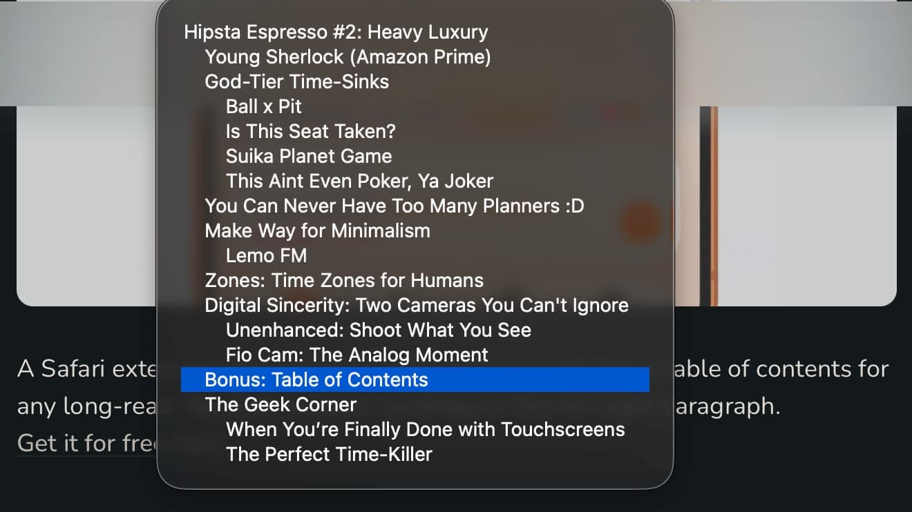 Table of Contents for Safari