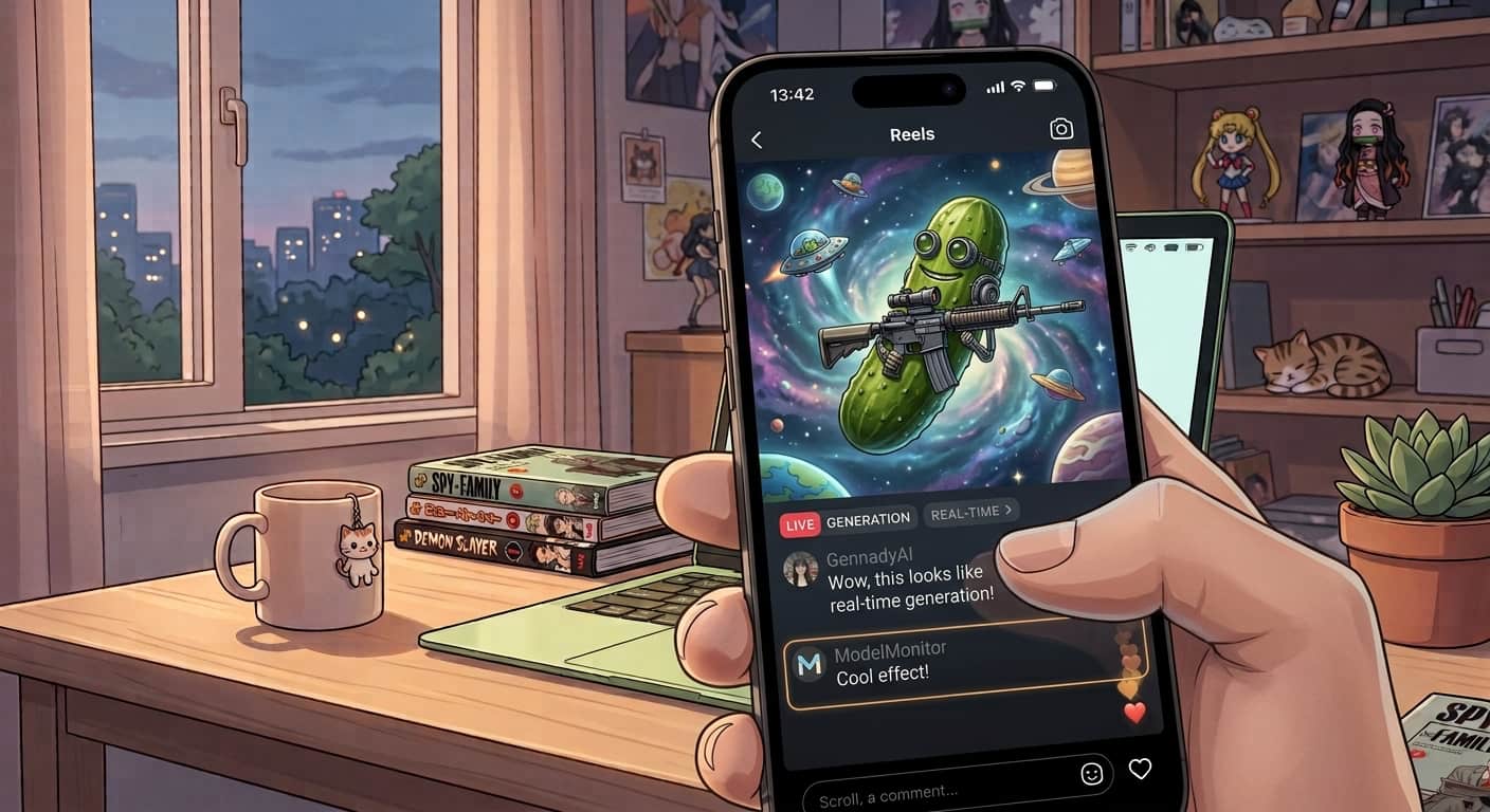 Reel on an iPhone showing a flying cucumber with a gun